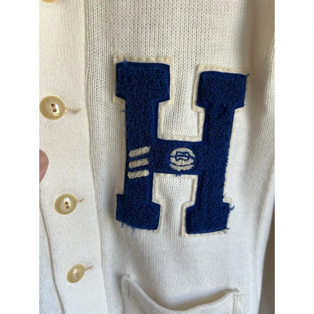 Vintage‎ 50s 60s Lamb Knit Varsity Letterman Cardigan Sweater S White H Patch